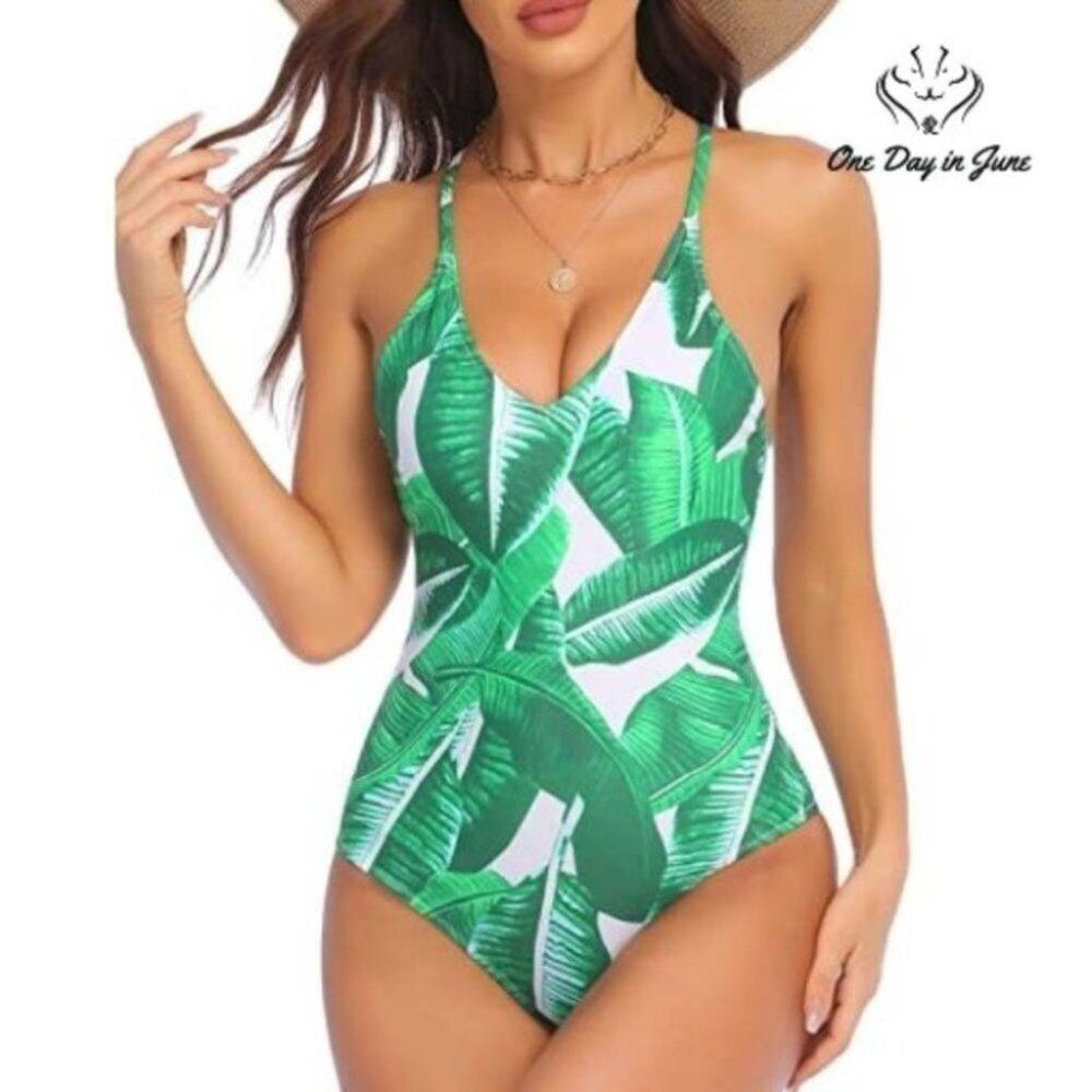 Ekouaer V Neck High Cut One Piece Swimsuit Size L